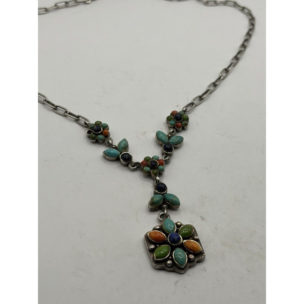 Barse Sterling Necklace Semi Precious Turquoise-Coral-Jade-Lapis Floral unto 20"